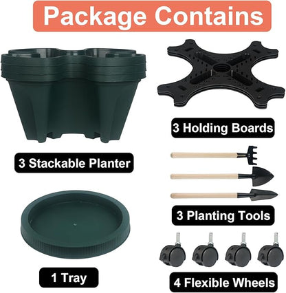 Vertical Planter 3 Tier Stackable Planters Garden Planters Strawberry Herb Flower and Vegetable Planter Indoor Outdoor Gardening Pots with Removable Wheels and Tools 2-Pack
