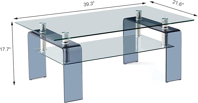 Glass Coffee Table Rectangle Living Room Center Table with Storage, Clear Tempered Glass Tabletop and Smoke Grey Leg,for Living Room and Office (Clear+Smoke)