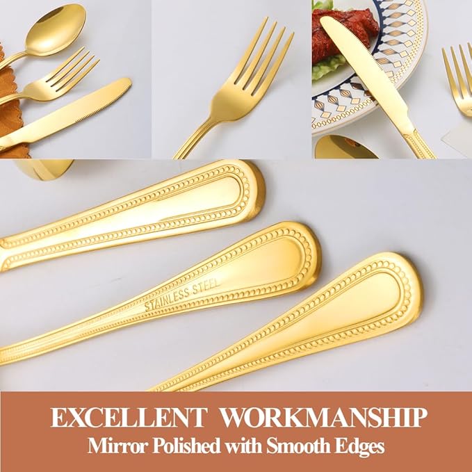 40 Pcs Gold Silverware Set for 8 with Pearled Edge Handle design, Food Grade Stainless Steel Flatware Set, Eating Utensils Sets Include Fork/Knife/Spoon, Reusable Cutlery Set, Dishwasher Safe