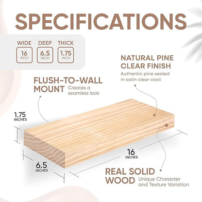 Homeforia 16 inch Natural Floating Shelf, High End Solid Real Wood 16inch Small Floating Shelves for Wall Mounted, Natural Wooden Floating Shelves, Heavy Duty Bracket, 16 X 6.5 X 1.75 in, Set of 2