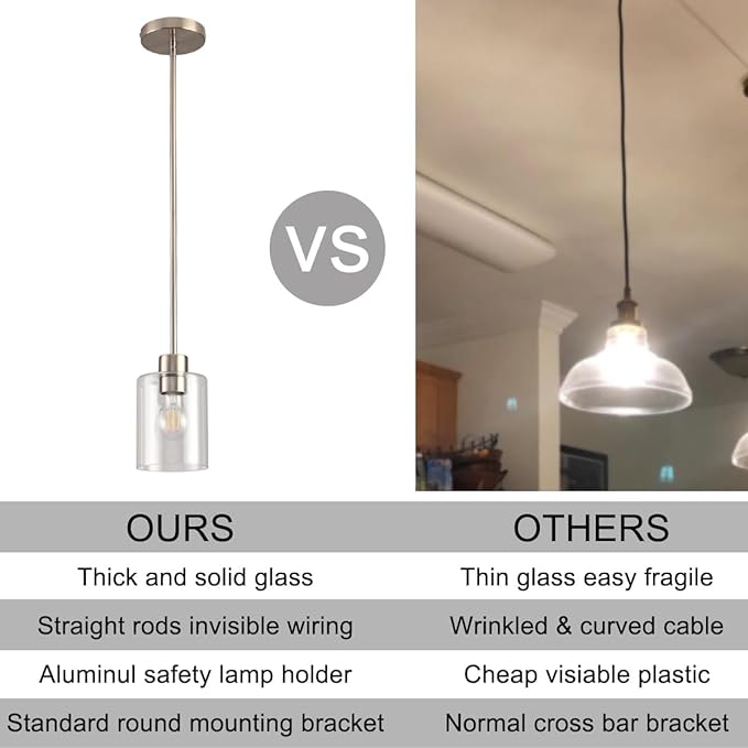 Brushed Nickel Pendant Lights Kitchen Island - Clear Glass Pendant Light Fixture Multiple Stems Rods 3 Units 12 Inch 3 Units 4 Inch (3 Pack Brushed Nickel)