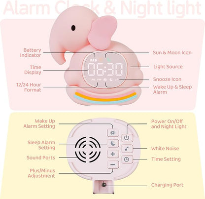 Alarm Clock for Kids with Night Light, Sleep Training Clock Time to Wake Clock, Rechargeable Silicone Light for Bedroom, Perfect Sleep Companion for Boys Girls, Pink Elephant