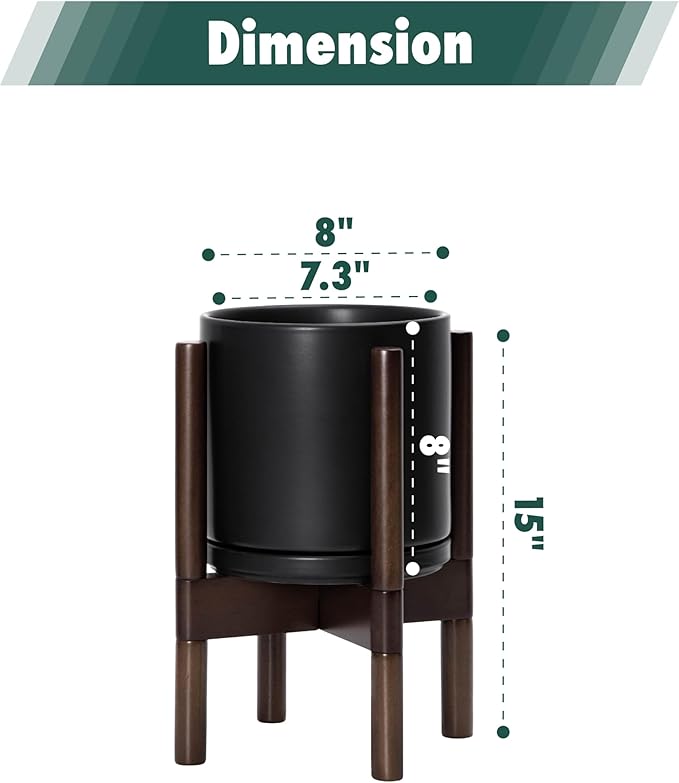 D'vine Dev Ceramic Planter with Walnut Color Stand - 8 Inch Modern Round Flower Pot with Wood Planter Holder, Black, 55-B-Y-2