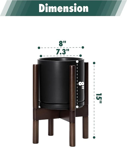 D'vine Dev Ceramic Planter with Walnut Color Stand - 8 Inch Modern Round Flower Pot with Wood Planter Holder, Black, 55-B-Y-2