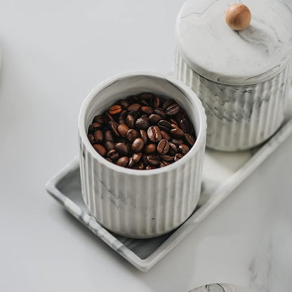 Marble Small Bathroom Jar Set ，Ceramic Cotton Swabs Holder with Lid and Dresser Organizer Set Tray for Storage and Organizing in Bathroom, Dresser, Kitchen, Office