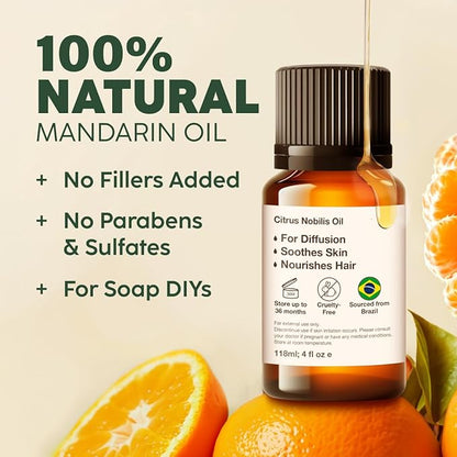Kukka Mandarin Essential Oil for Diffuser Skin - 0.34 Fl Oz - 100% Pure Natural, Fresh & Citrusy Scent for Aromatherapy,Candle, Bath Bomb & Soap Making Scent DIY
