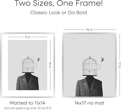 Homeforia Silver 14x17 Picture Frame, High End Metal 14 x 17 Frame with Mat 11 by 14 in Photo, 14x17 Silver Poster Frame Matted to 11x14 Print, 17x14 Hanging Frames, Tempered Glass, Wall Kit, Set of 1