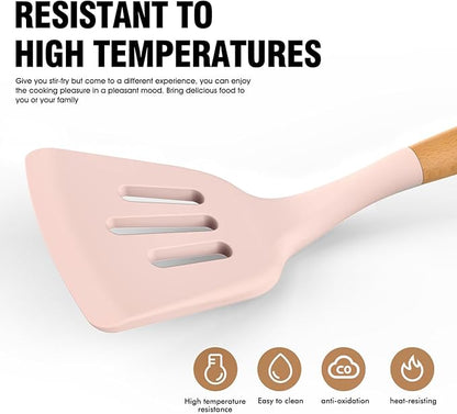 Silicone Cooking Utensils Set - Silicone Kitchen Utensils for Cooking Wooden Handles, 446°F Heat Resistant Kitchen Utensil Spatula Sets w Holder, Gadgets for Non-Stick Cookware BPA FREE (Multicolour)