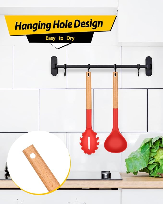 Silicone Pasta Fork and Ladle Spoon Set with Wooden Handle, Heat Resistant Non Stick Kitchen Utensils for Cooking, Stirring, Serving Spaghetti, Soup, Sauce(RED)