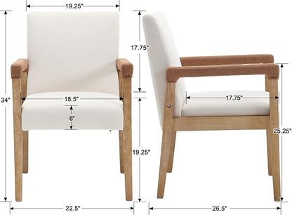 Kmax Modern Dining Chairs Set of 2 Linen Fabric Kitchen Arm Chairs Upholstered Accent Chairs with Wooden Legs for Dining Room, Living Room, Bedroom, White
