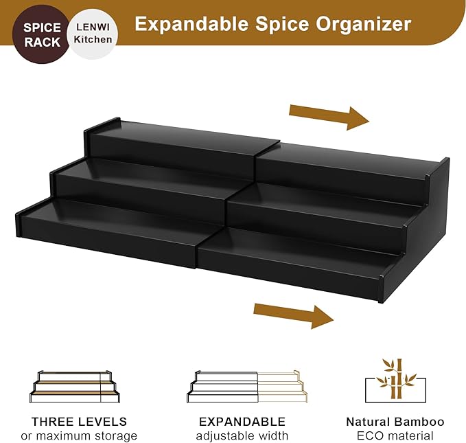 Spice Rack Organizer for Cabinet, 3 Tier Expandable Bamboo Spice Storage, Great for Kitchen Cabinet, Cupboard,Pantry and More(Black)