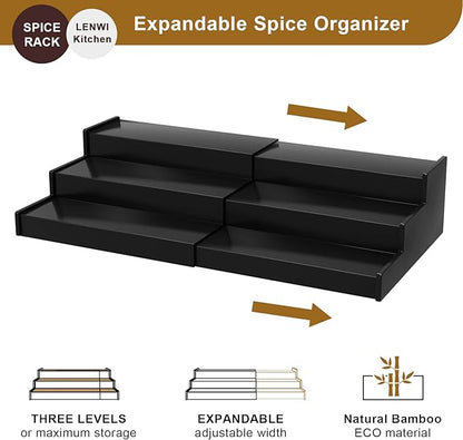 Spice Rack Organizer for Cabinet, 3 Tier Expandable Bamboo Spice Storage, Great for Kitchen Cabinet, Cupboard,Pantry and More(Black)