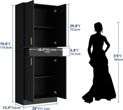Cozy Castle Pantry Cabinet, 71" Tall Kitchen Storage Cabinet with Doors and Shelves, Freestanding Wood Cupboard Utility Hutch with Drawer for Dining Room Living Room Bathroom Furniture, Black