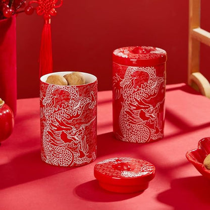 Porlien Chinese Dragon Porcelain 15-ounce Canisters Set of 2, Food Storage Containers with Lid for Coffee Beans, Tea, Condiments & Nuts
