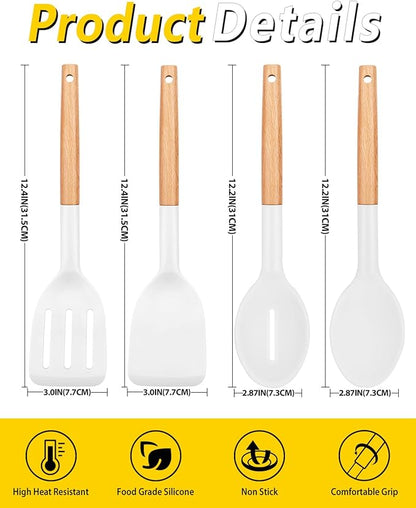 Pack of 4 Silicone Cooking Utensils Set, Non Stick Solid Spatulas and Heat Resistant Slotted Spoons with Wooden Handle, Ideal Wood Kitchen Utensils Set for Frying,Serving,Turning,Stirring (WHITE)