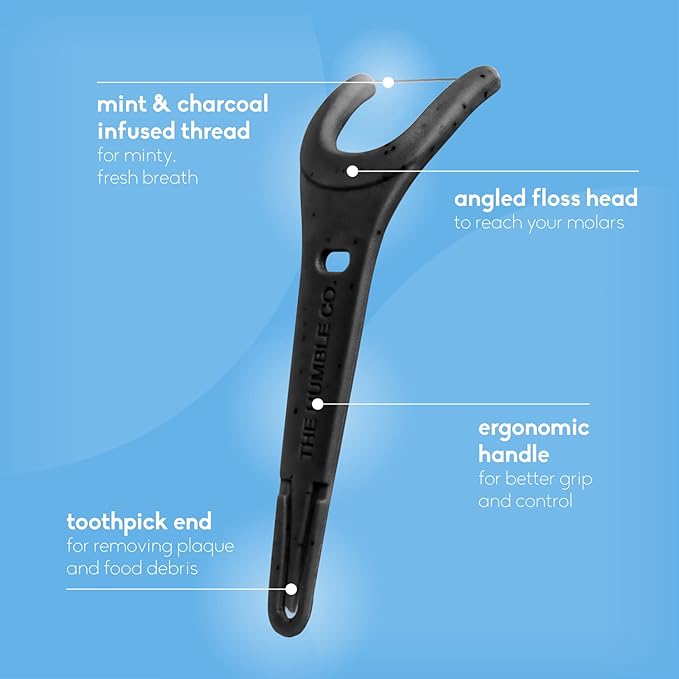 The Humble Co. Floss Picks (200 Count) – Plant Based Dental Floss Picks with Grip Handle for Superior Oral Care, Dental Hygiene, and Gum Health, Cruelty Free Tooth Floss Picks (Charcoal)