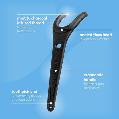The Humble Co. Floss Picks (200 Count) – Plant Based Dental Floss Picks with Grip Handle for Superior Oral Care, Dental Hygiene, and Gum Health, Cruelty Free Tooth Floss Picks (Charcoal)