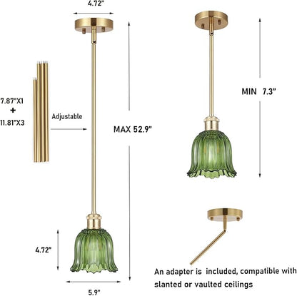 Modern Gold Pendant Light Brushed Brass Mid Century Chandelier Green Glass Shades Adjustable Rods Farmhouse Ceiling Hanging Lighting Fixture Kitchen Island Dining Room Bedroom