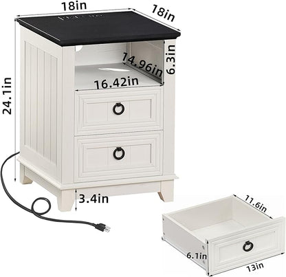 18" Farmhouse Night Stand with Charging Station, 2 Drawers End Table Dresser for Bedroom, White Wooden Nightstand, Bed Side Table with Open Shelf, Bedside Cabinet for Living Room, Closet