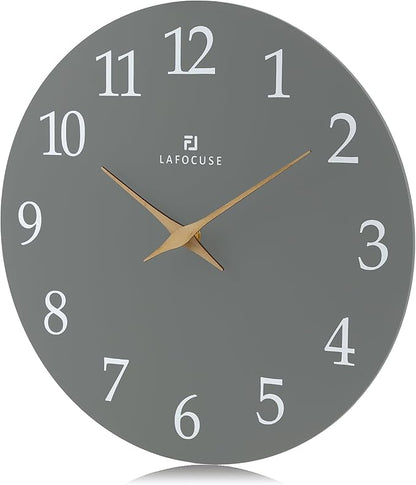 Lafocuse 12 Inch Silent Grey Wall Clock Battery Operated for Living Room Decor, Simple Minimalist Wooden Wall Clock for Kitchen Bedroom Office