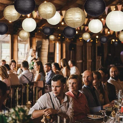 Paper Lanterns Decorative, Black Gold Hanging Round Chinese Lanterns with Lights for Graduation Anniversary Birthday Party 12 LED Light Pack of 12