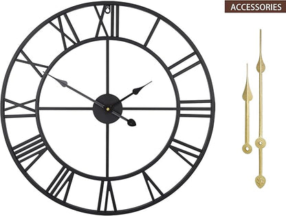 LEIKE Large Wall Clock, 24" Completely Silent, Non Ticking, Battery-Operated,Rustic Round Modern Metal Wall Clock Decor for Living Room, Bedroom and Kitchen, (60cm, Black-Roman Number)