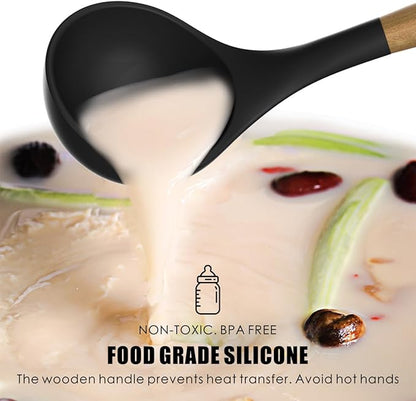 Silicone Cooking Utensils Set - 446°F Heat Resistant Silicone Kitchen Utensils for Cooking,Kitchen Utensil Spatula Set w Wooden Handles and Holder, BPA FREE Gadgets for Non-Stick Cookware (Black)