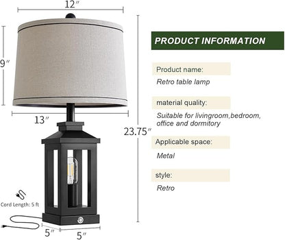 23.75" Retro Farmhouse Black Table Lamp for Living Room Bedroom Nightstand Set of 2 Touch Control Bedside Nightlight Vintage Modern Lamp with USB C+A Ports and 2 Light Sources
