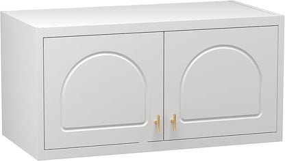 Wall Cabinet with Doors, Small Hanging Cabinet for Kitchen Pantry, Metal Overhead Cabinets for Dining, Living Room, Bathroom, 16" D x 32" W x 15" H, White, Assembly Required
