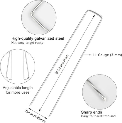 FEED GARDEN 8 Inch 100 Pack Galvanized Landscape Staples 11 Gauge Anti-Rust Garden Stakes Landscaping Fabric SOD Pins Yard Stakes for Weed Barrier Fabric