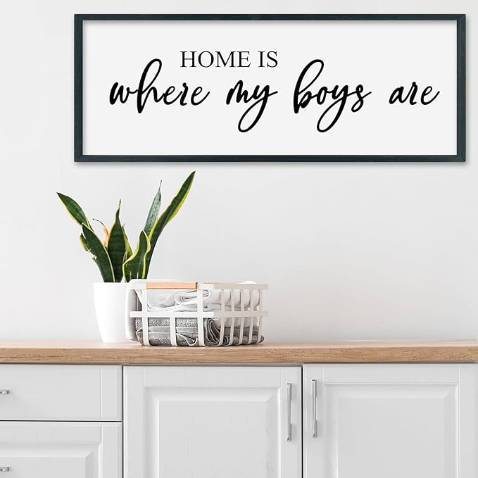 SRSZHIYUE Home Is Where My Boys Are Sign 32"×12" New Mothers Day Gifts ideas Wall Art for kids Playroom Mom Quote Bedroom Large Wood Framed Wall Hanging Decor (Black)