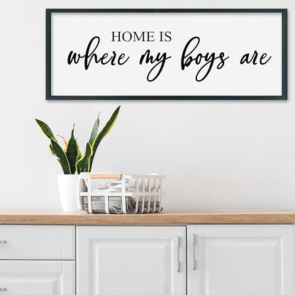 SRSZHIYUE Home Is Where My Boys Are Sign 32"×12" New Mothers Day Gifts ideas Wall Art for kids Playroom Mom Quote Bedroom Large Wood Framed Wall Hanging Decor (Black)