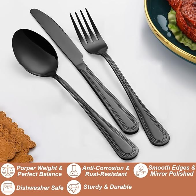 40 Pcs Black Silverware Set for 8 with Pearled Edge Handle design, Food Grade Stainless Steel Flatware Set, Eating Utensils Sets Include Fork/Knife/Spoon, Reusable Cutlery Set, Dishwasher Safe