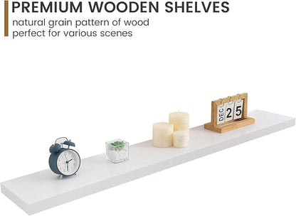 Fun Memories 48 Inch Floating Shelves for Wall, Deep Rustic Solid Pine Wood Shelf - Farmhouse Wall Mounted Display Shelf with Heavy-Duty Metal Bracket, 48" W x 8" D, Set of 1, White