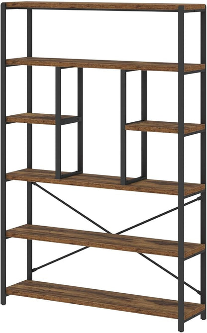 LVB Rustic Bookcases and Book Shelves, Metal Wood 6 Tier Bookshelf and Book Rack Storage, Industrial Vertical Display Etagere Book Case 6 Shelf, Vintage Large Book Shelf for Bedroom Living Room, Brown