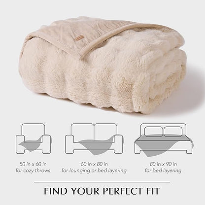 EVERGRACE Ultra Soft Luxury Fluffy Ridgeline Faux Rabbit Fur Throw Blanket, Thick Warm Bubble Throw for Bed, Cozy Plush Reversible Blankets for Couch, Chair, Sofa, Cream, 50x60 Inches, 870 GSM