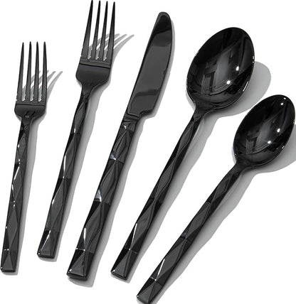 KINGSTONE Black Silverware Set, Luxury 20 Piece Flatware Set for 4, 18/10 Stainless Steel Cutlery Set with Diamond Cut Pattern for Kitchen, Home, Wedding, Party, Mirror Polished and Dishwasher Safe