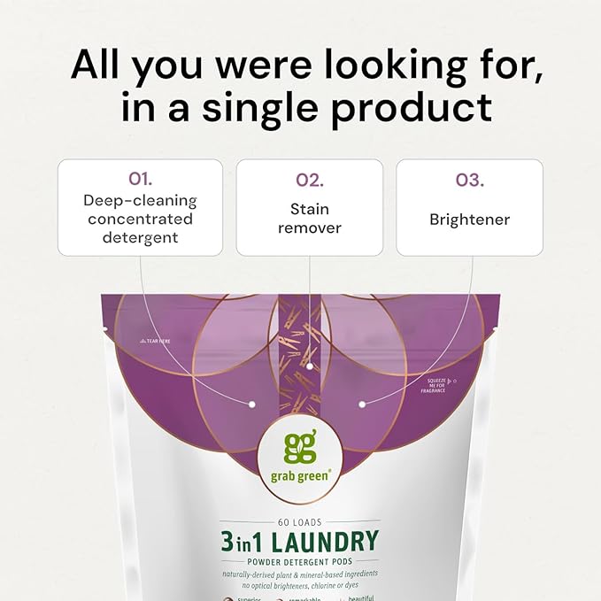 Grab Green 3-in-1 Laundry Detergent Pods, 132 Count, Fragrance Free, Plant and Mineral Based, Superior Cleaning Power, Stain Remover, Brightens Clothes