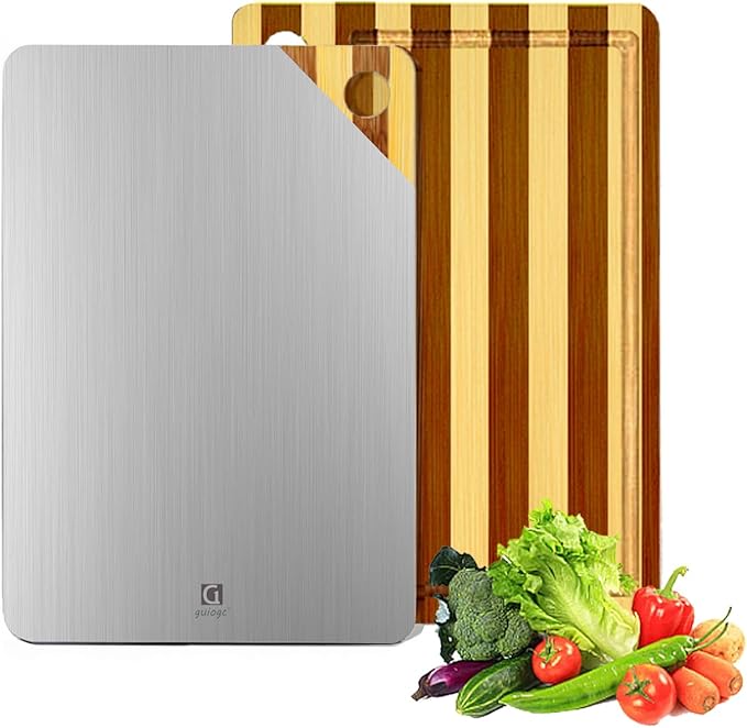 Titanium Cutting Board for Kitchen, Cutting Board Double Sided Food Grade, Pure Titanium and Natural Bamboo, with Deep Juice Grooves, Large Size 15.6”×11”