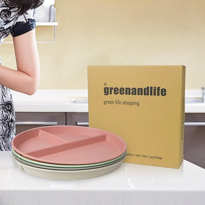 greenandlife 9 Inch (4PCS) Unbreakable Divided Plates for Kids Adults, Dishwasher & Microwave Safe Compartment Plate, Lightweight Reusable Plastic Portion Control Plates, BPA Free and Healthy