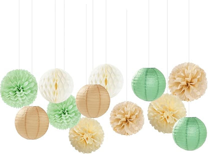 Sage Green-Boho Party-Decorations Paper-Flowers Lanterns - 15PCS Safari Rustic Neutral Baby Shower Tissue Pom Poms Streamers, Champagne Gold Birthday Wedding Graduation Hanging Supplies Decor Hugfond