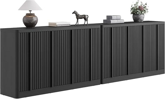 Fluted Buffet Cabinet with Storage, 120" Sideboard Buffet Storage Cabinet with 8 Doors & Adjustable Shelves, Coffee Bar Wood Credenza Cabinet for Kitchen, Dining Room, Living Room, Black(2PCS)