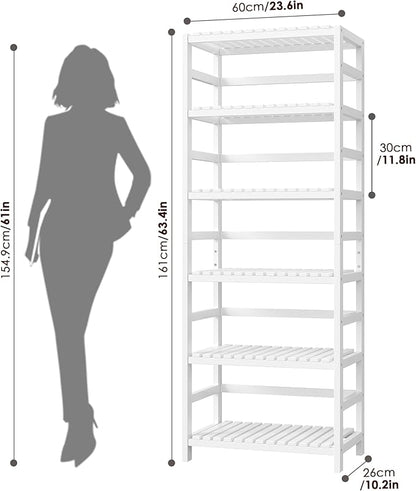 FOTOSOK 6-Tier Bamboo Shelf, Bamboo Bookcase with Adjustable Shelves, Free Standing Storage Shelf Unit, Plant Flower Stand for Bathroom, Kitchen, Home Office, White