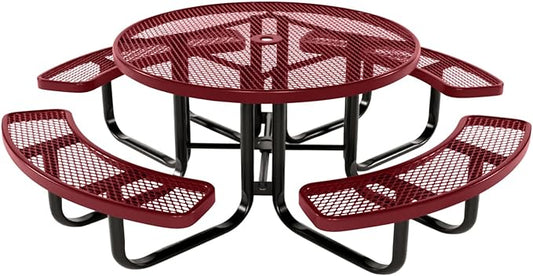 Coated Outdoor Furniture Heavy-Duty Portable Outdoor Kids Table with Umbrella Hole, Expanded Metal Kids Picnic Table, Commercial-Grade, Made in America (46 In, Round, Childrens, Burgundy)