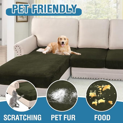 H.VERSAILTEX Velvet Stretch Sectional Couch Covers 4 Pieces Sofa Seat Cushion Covers L Shape Separate Couch Cover for Both Left/Right Sectional Couch (Large Sofa 3 Seater + 1 Chaise, Olive)