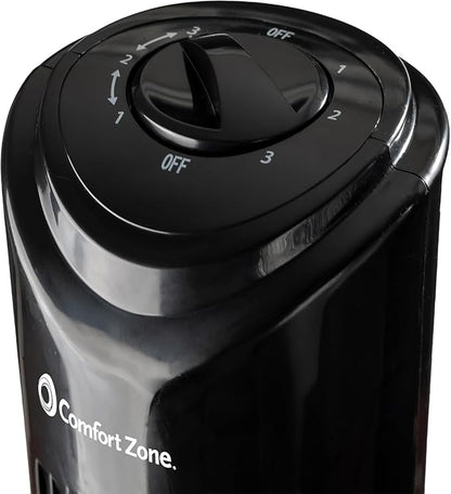 Comfort Zone 32-Inch Bladeless Tower Fan with 3 Speeds, 90° Oscillation, Portable Indoor Stand Fan with Built-In Carry Handle – Quiet Cooling for Bedroom, Black