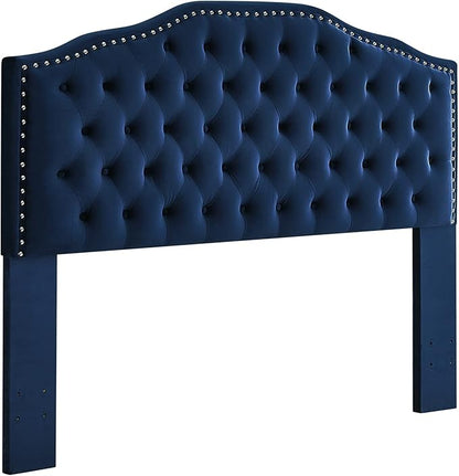 24KF Upholstered Button Tufted Queen Headboard with Nailhead Trim, Soft Velvet Fabric Headboard Queen/Full WM-6031-Q-NAVY