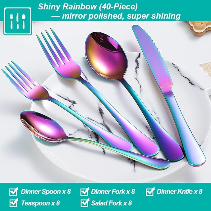 40 Pcs Rainbow Silverware Set for 8, Food Grade Stainless Steel Flatware Set, Eating Utensils Sets Include Fork/Knife/Spoon,Home Kitchen Tableware Set, Reusable Cutlery Set, Dishwasher Safe