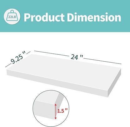 LaVie Home Floating Shelves, 24 Inch Wall Shelf Set of 2, Hanging Shelf with Invisible Brackets, Wall Decor for Bathroom, Bedroom, Living Room, Kitchen Storage, Modern White