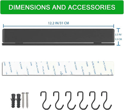 YIIYIIN 12 Inch Magnetic Knife Holder for Wall No Drill,Adhesive Knife Magnetic Strip with 6 Hooks,Kitchen Double Rods Stainless Steel Magnetic Utensil Holder(Black)